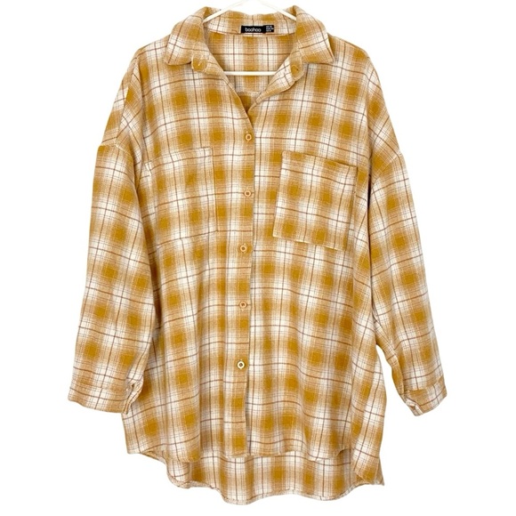 Boohoo Oversized Flannel Shirt Womens Size 6 Small Gold White Pockets Tunic - Picture 4 of 11